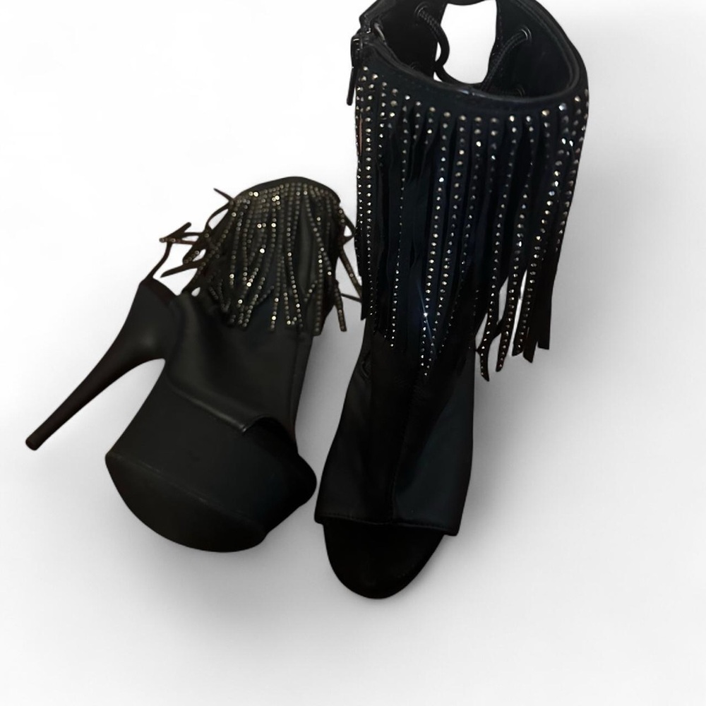 Chic Black Stiletto Boots with Fringe and Rhinestones